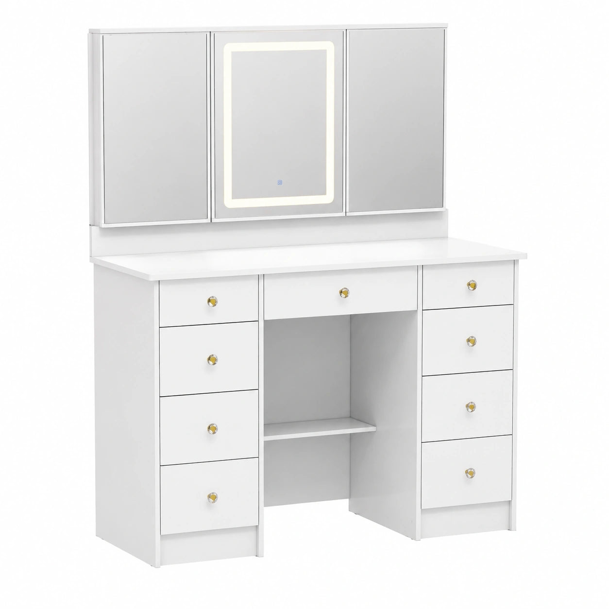 Schminktisch – 50 × 110 × 137 cm, rechteckige Form, mit Stauraum, mit LED-Beleuchtung, mit Schubladen, aus MDF